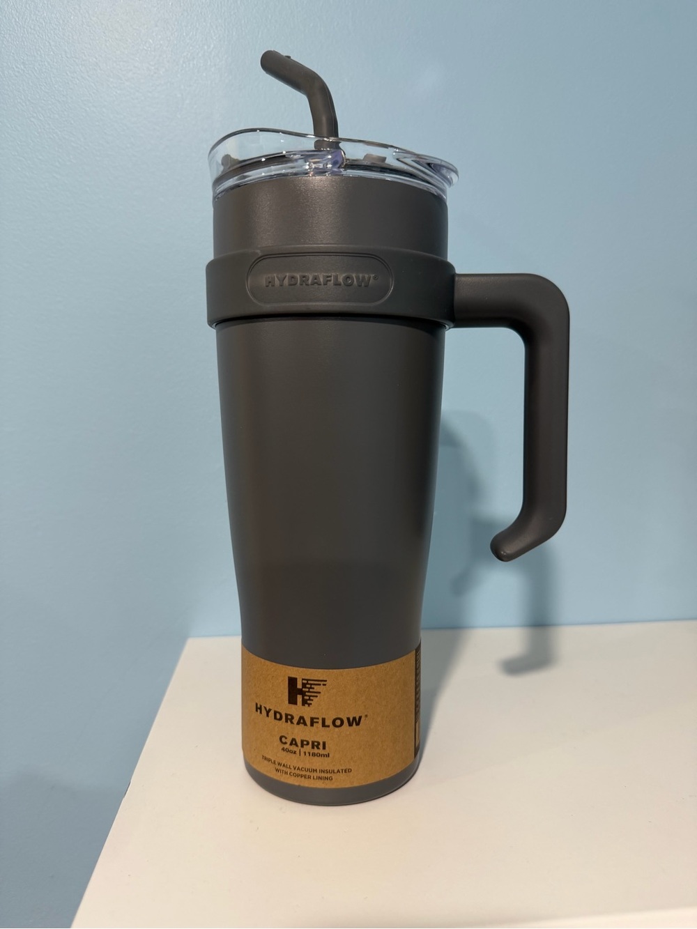 NEW HydraFlow Capri 40 oz Insulated Travel Mug with Handle - Charcoal Gray